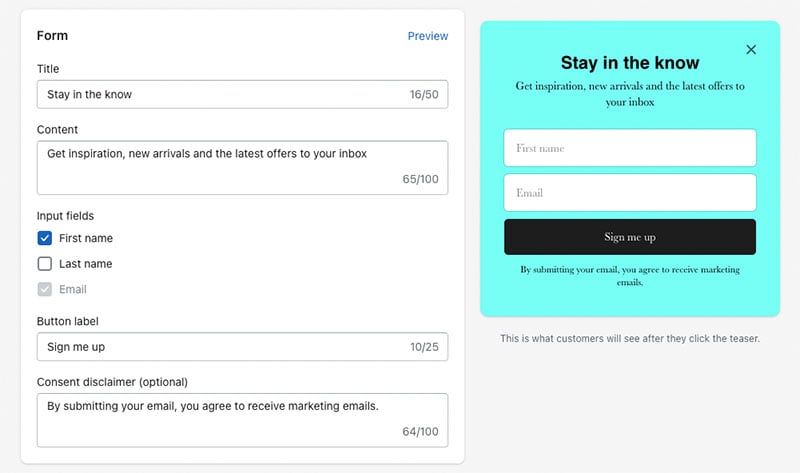 Creating a sign-up form with 'Shopify Forms'.