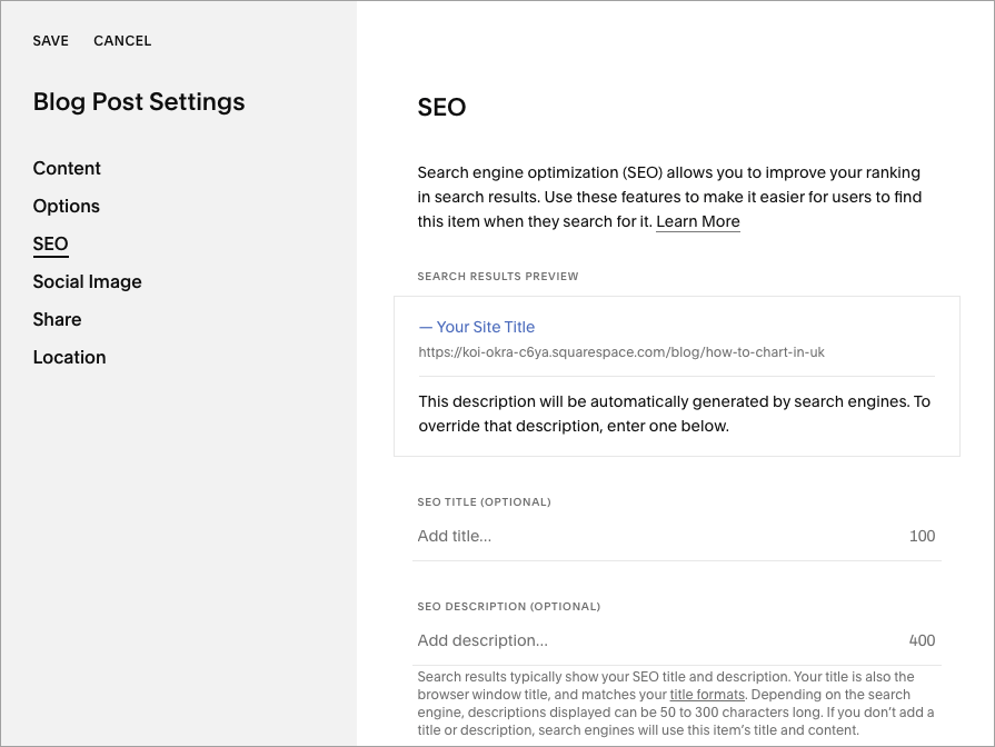 Editing the SEO settings for a Squarespace blog post