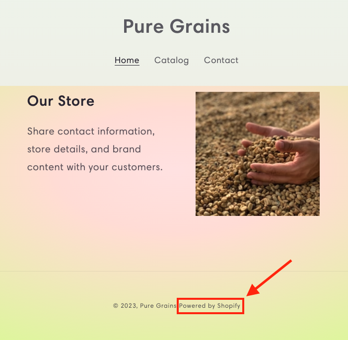 'Powered by Shopify' in the footer section of a website.
