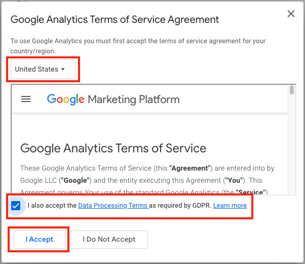 Google Analytics Terms of Service Agreement.