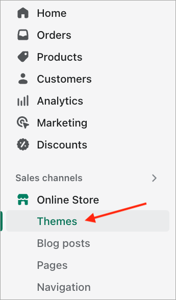 Accessing 'themes' in Shopify admin. 