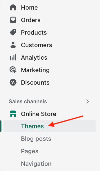 Accessing 'themes' in Shopify admin.
