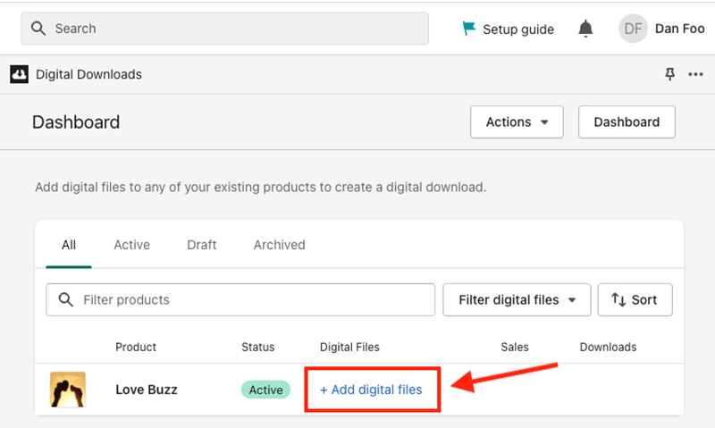 Adding a digital file to your product listing via the 'Digital Downloads' dashboard.