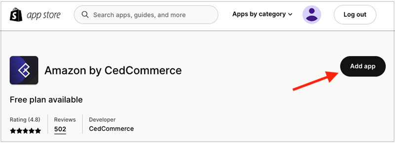 Adding the 'Amazon by CedCommerce' app to a Shopify store.