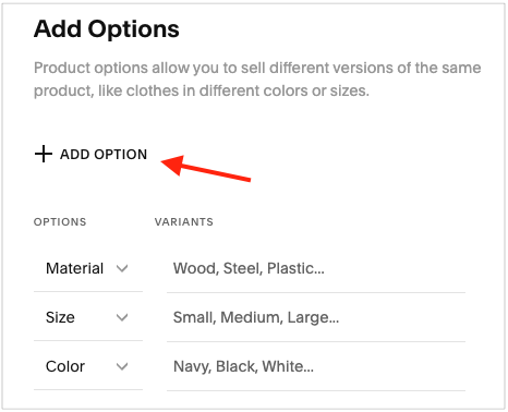 Adding product options and variants in Squarespace