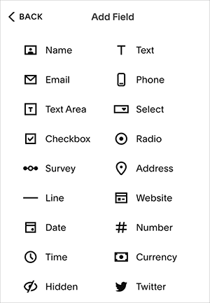 The available form fields in Squarespace