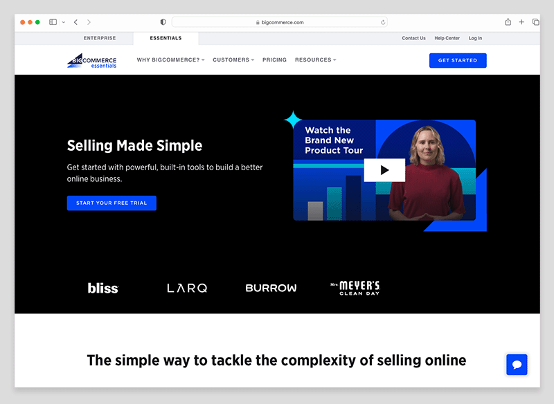 The BigCommerce platform (Essentials tab)
