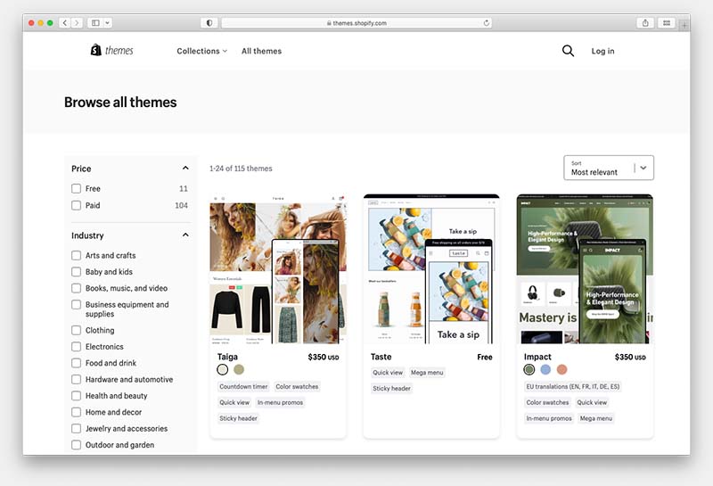 Browsing the Shopify theme store