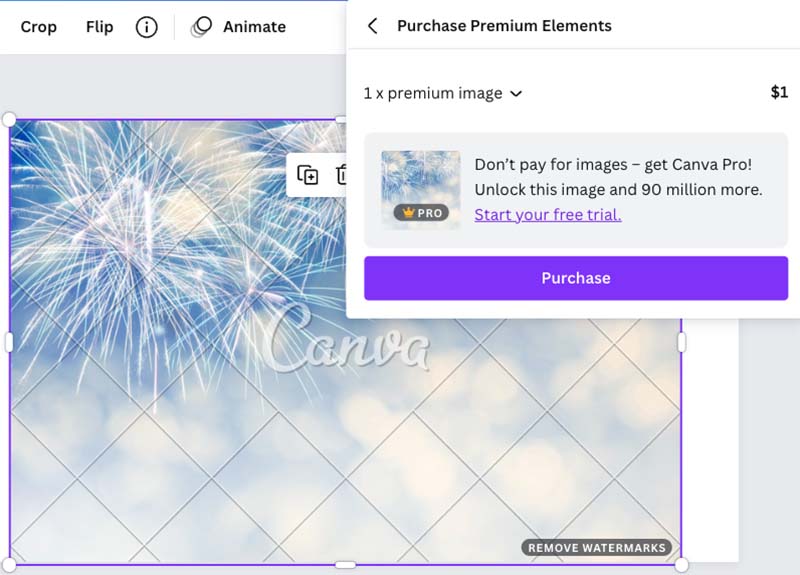 Buying a premium image while using the free version of Canva