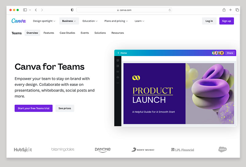 The Canva for Teams page.