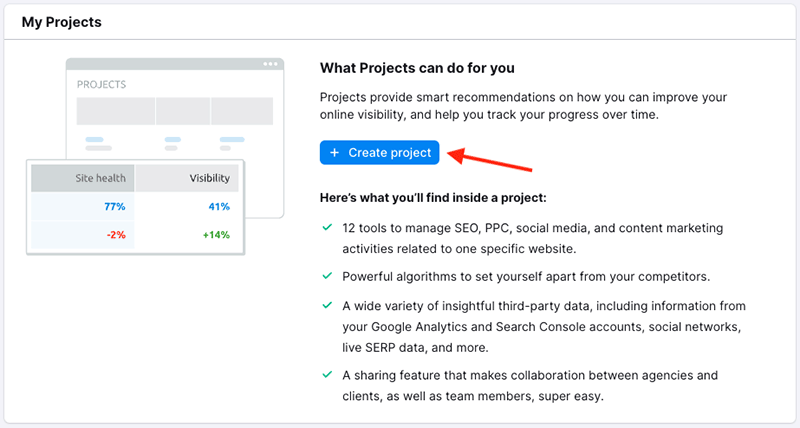 Creating a project in Semrush.