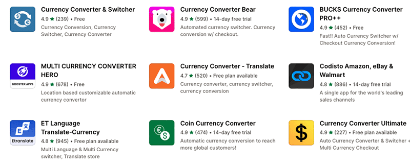 Currency conversion apps in the Shopify app store.