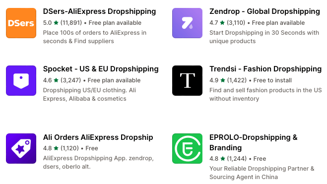 Dropshipping apps in the Shopify app store.