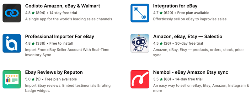 Some apps in the Shopify app store for integrating eBay and Shopify.