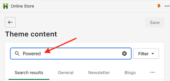 Entering 'Powered' into the 'theme content' search box.