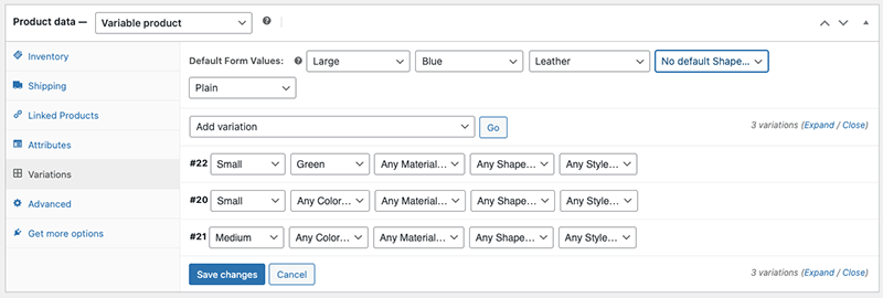 Defining product variants in WooCommerce