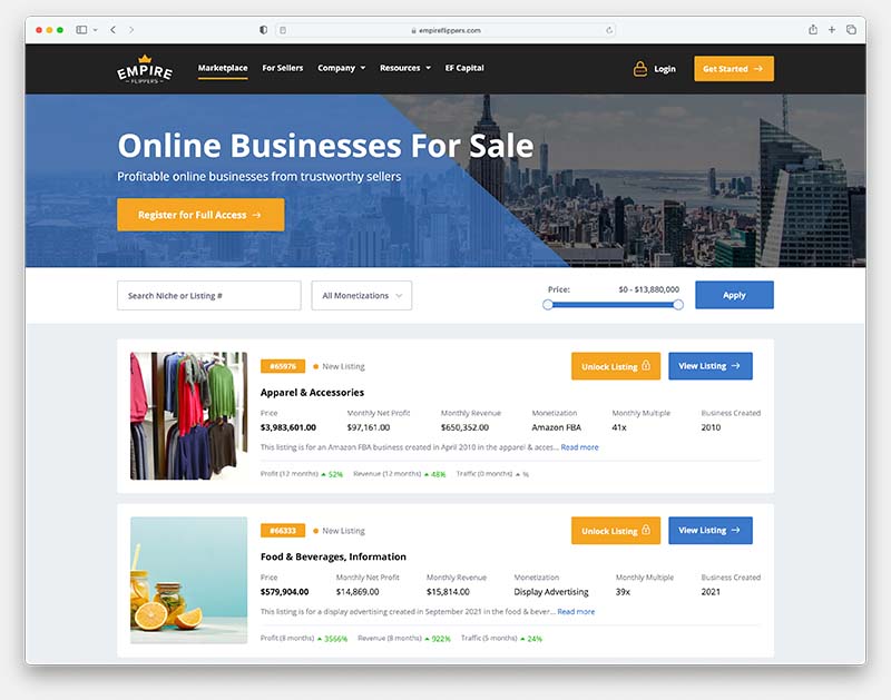 Business listings on the Empire Flippers website