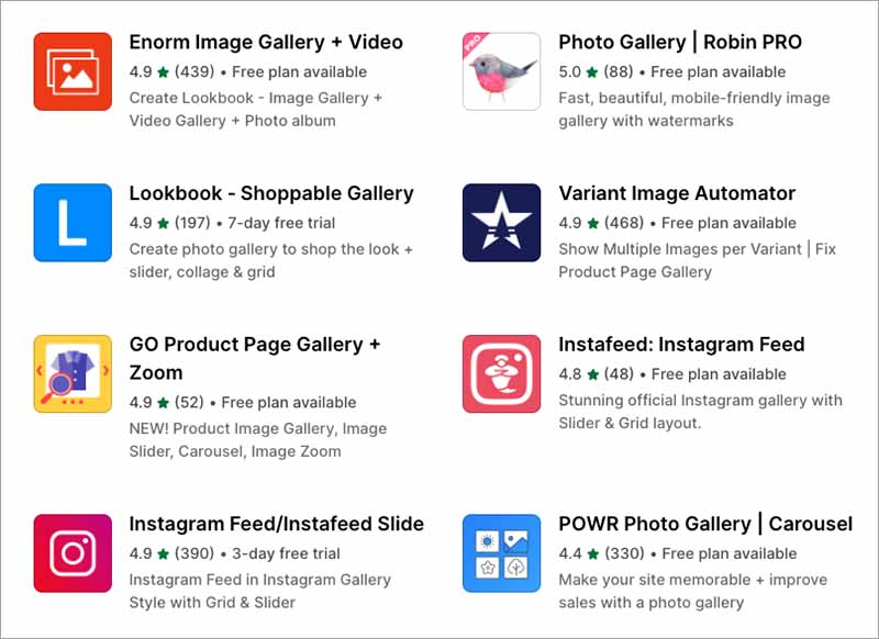 Gallery apps in the Shopify app store