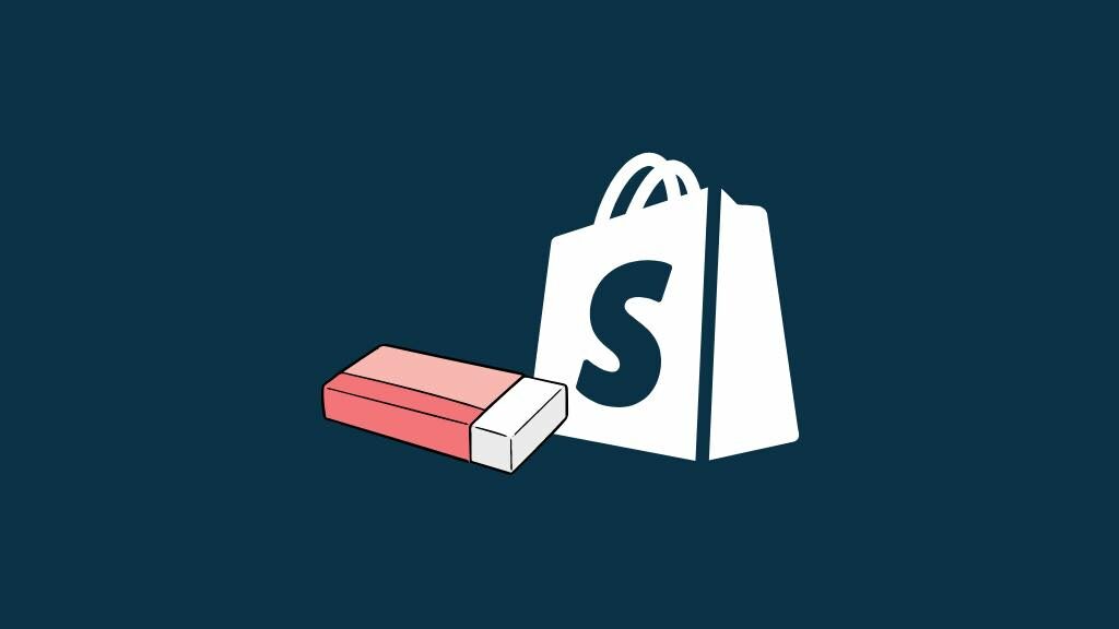 How to remove 'Powered by Shopify' from a Shopify store (image of an eraser and the Shopify logo)