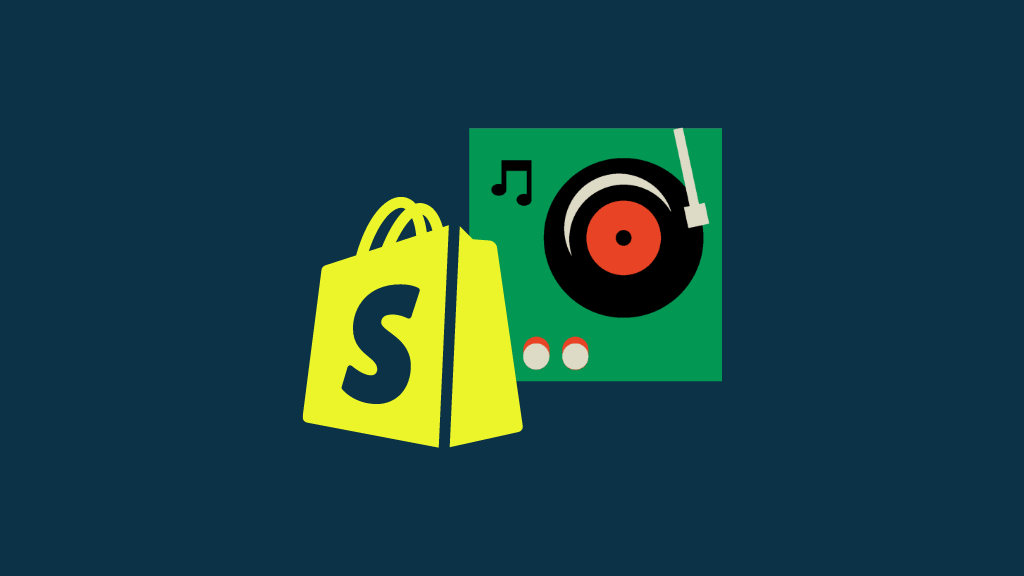How to sell music on Shopify (image of the Shopify logo and a record player)