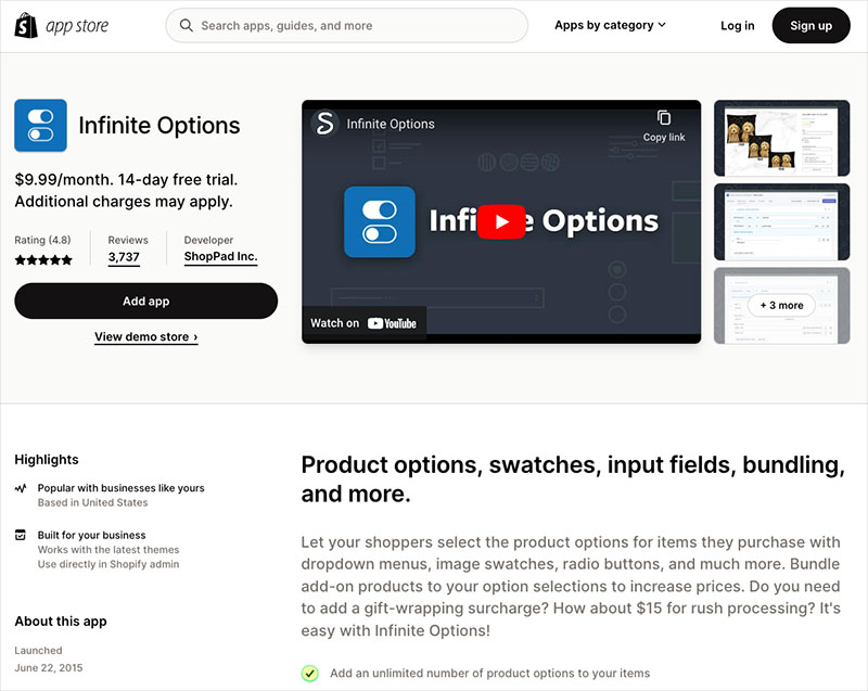 The 'Infinite Options' app for Shopify