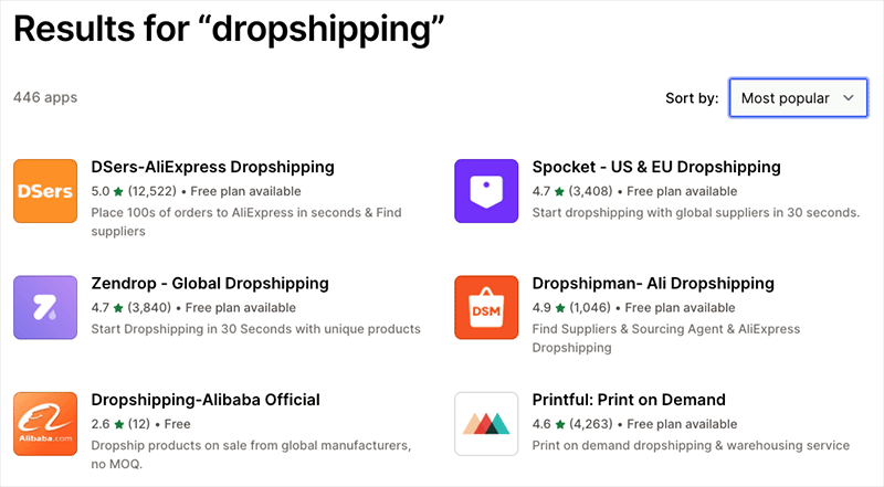 Examples of some dropshipping apps in the Shopify app store