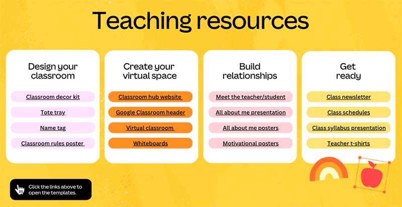 Quick links to teaching resources in the 'Back to School Design playbook'.