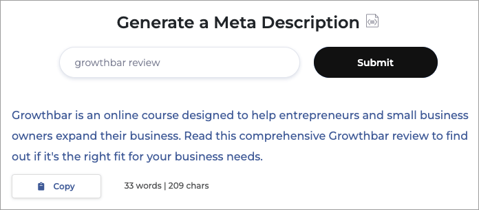 The meta description generator in GrowthBar