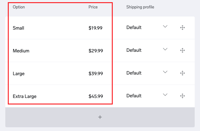 Creating product options in Big Cartel.