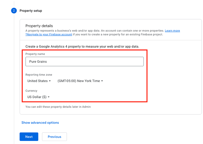 Entering 'property' details in google Analytics.