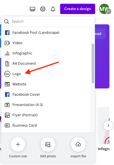 Selecting 'logo' as your design type.