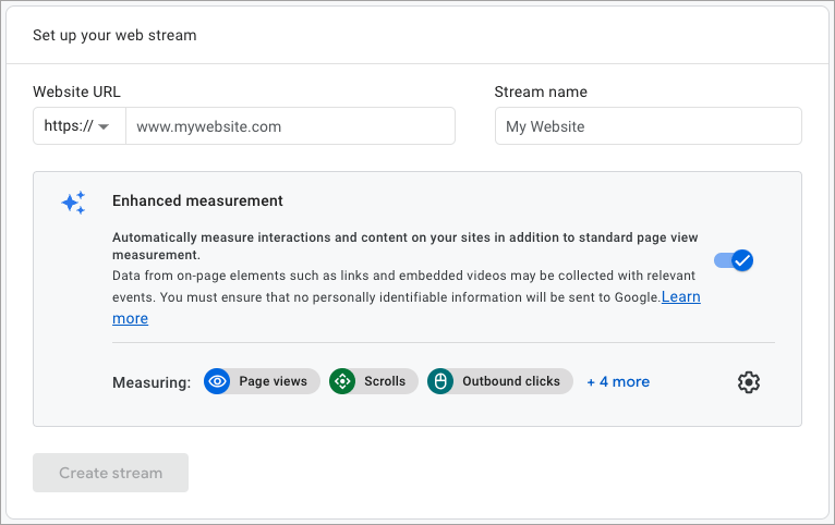 Google Analytics web stream creation page.