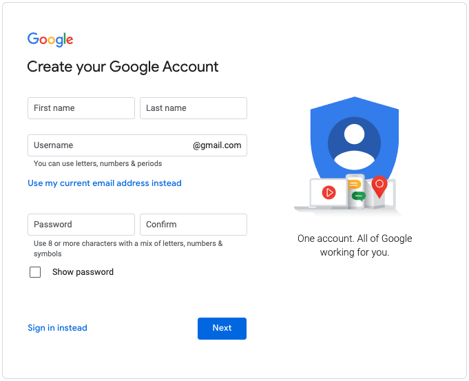 The Google account creation page.