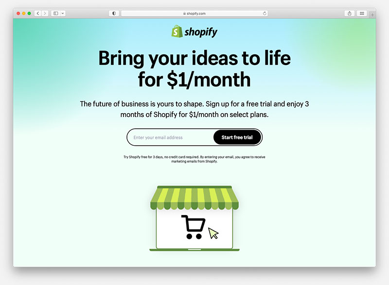 The Shopify free trial page