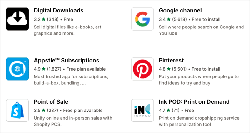 Examples of Shopify apps.