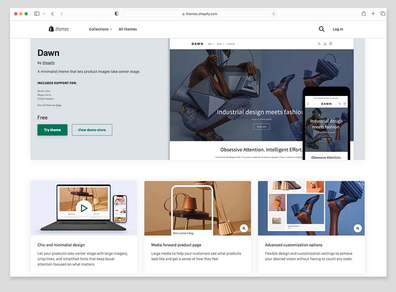 The free 'Dawn' theme in the Shopify theme store.
