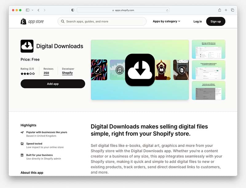 Shopify's 'Digital Downloads' app