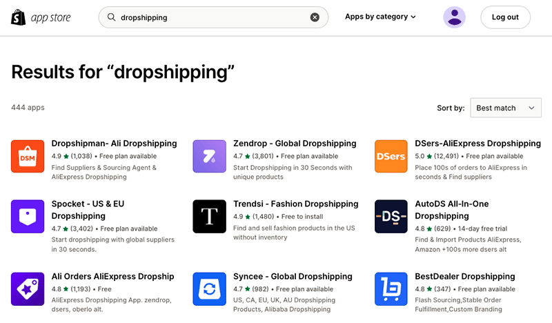 Dropshipping apps in the Shopify app store.
