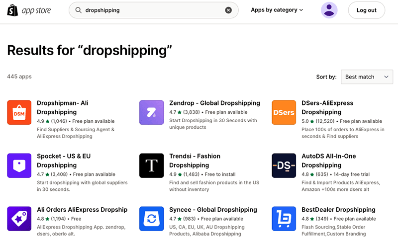 A selection of dropshipping apps that are currently available in the Shopify app store