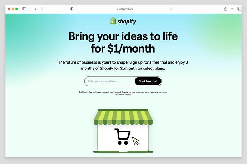 The Shopify free trial signup page.