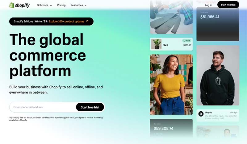 The Shopify platform's home page.