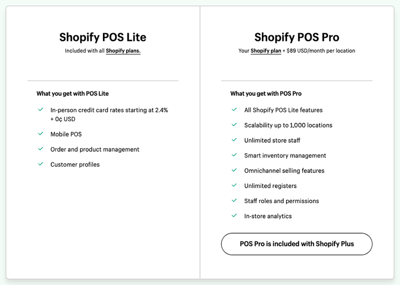 Costs for Shopify POS Lite vs Shopify POS Pro.