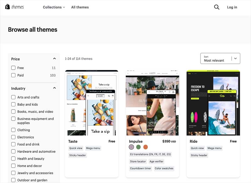 Choosing a theme in the Shopify theme store.