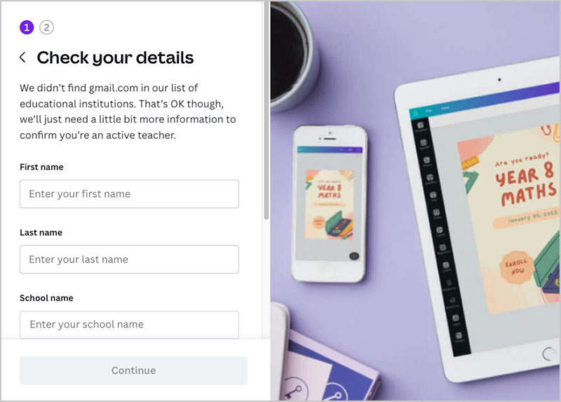 Sign up page for Canva for Education.