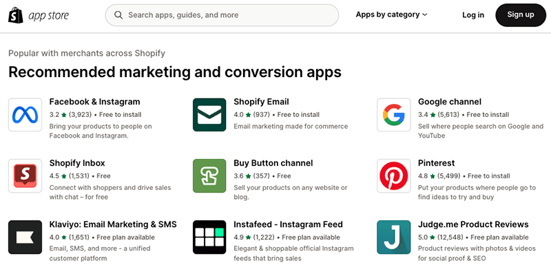 Some examples of Shopify apps in the Shopify app store