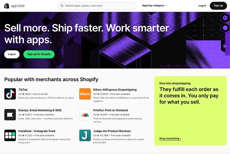 The Shopify app store (home page)