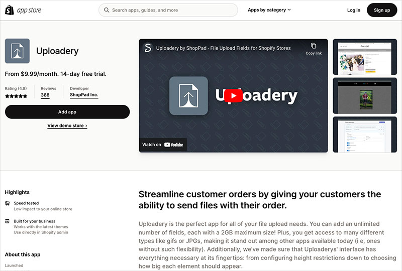 The 'Uploadery' app for Shopify.