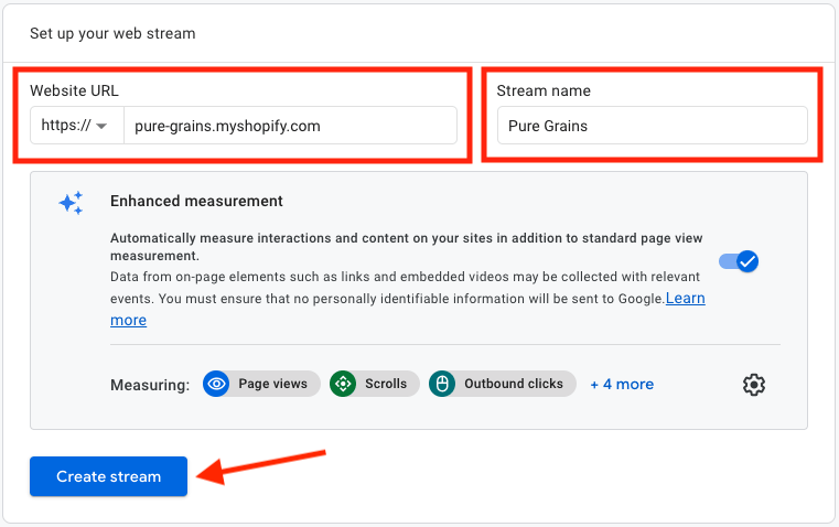 Completing the web stream section in google Analytics.