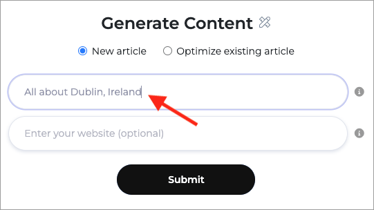 Entering a topic into the GrowthBar content generator