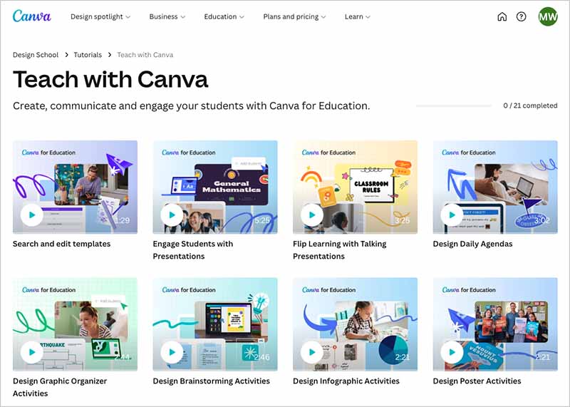 Canva for Education video tutorials.